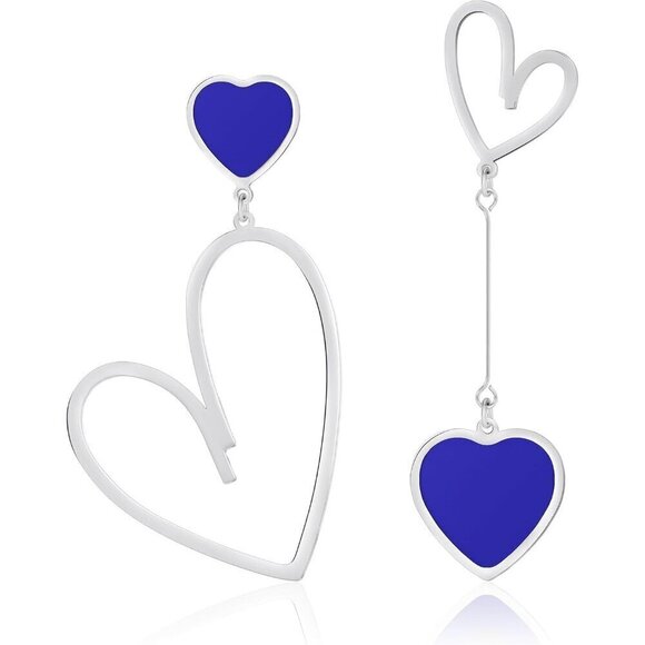 Women Silver Blue Linawe Stainless Steel Asymmetrical Heart Dangle Drop Earrings - Picture 3 of 7
